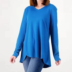 Isaac Mizrahi Live! Essentials Pima Cotton V-Neck Hi-Low Hem Top Blue NWOT